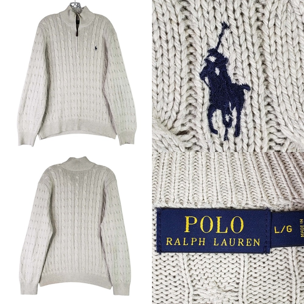 Polo Ralph Lauren Sweater Mens Large Beige 100% Silk Cable Knit Quarter Zip
